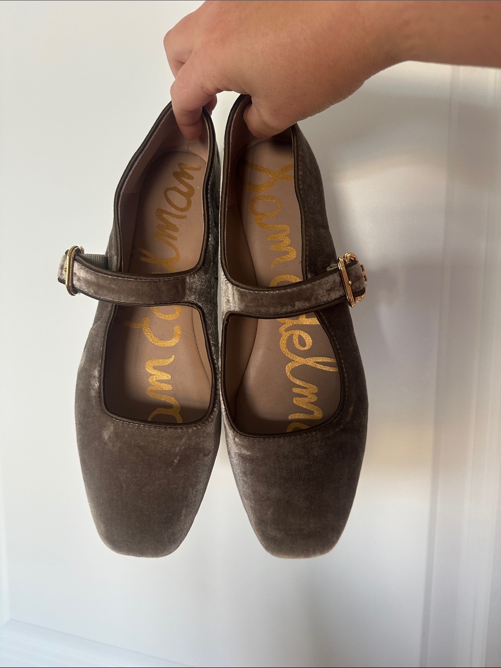 Sam Edelman Brown Velvet Mary Jane Flats with Gold Buckle